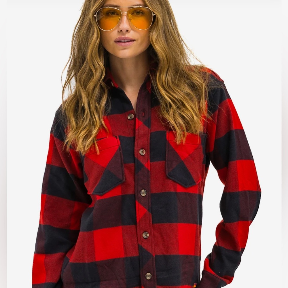 EUC Aviator National plaid flannel shirt with frayed bottom Large
